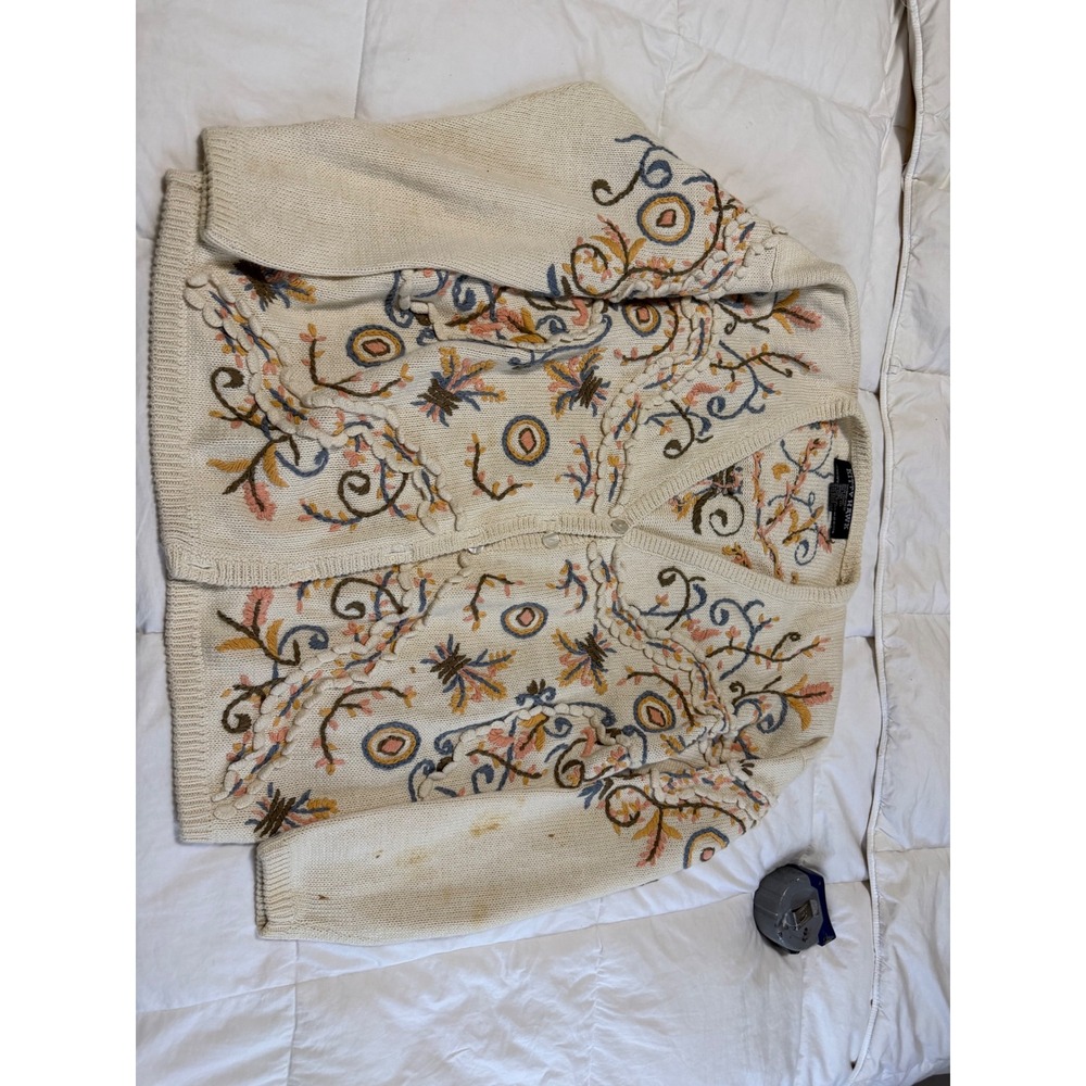 Vintage Kitty Hawk Floral Embroidered Cardigan Sweater Cream V-Neck Large